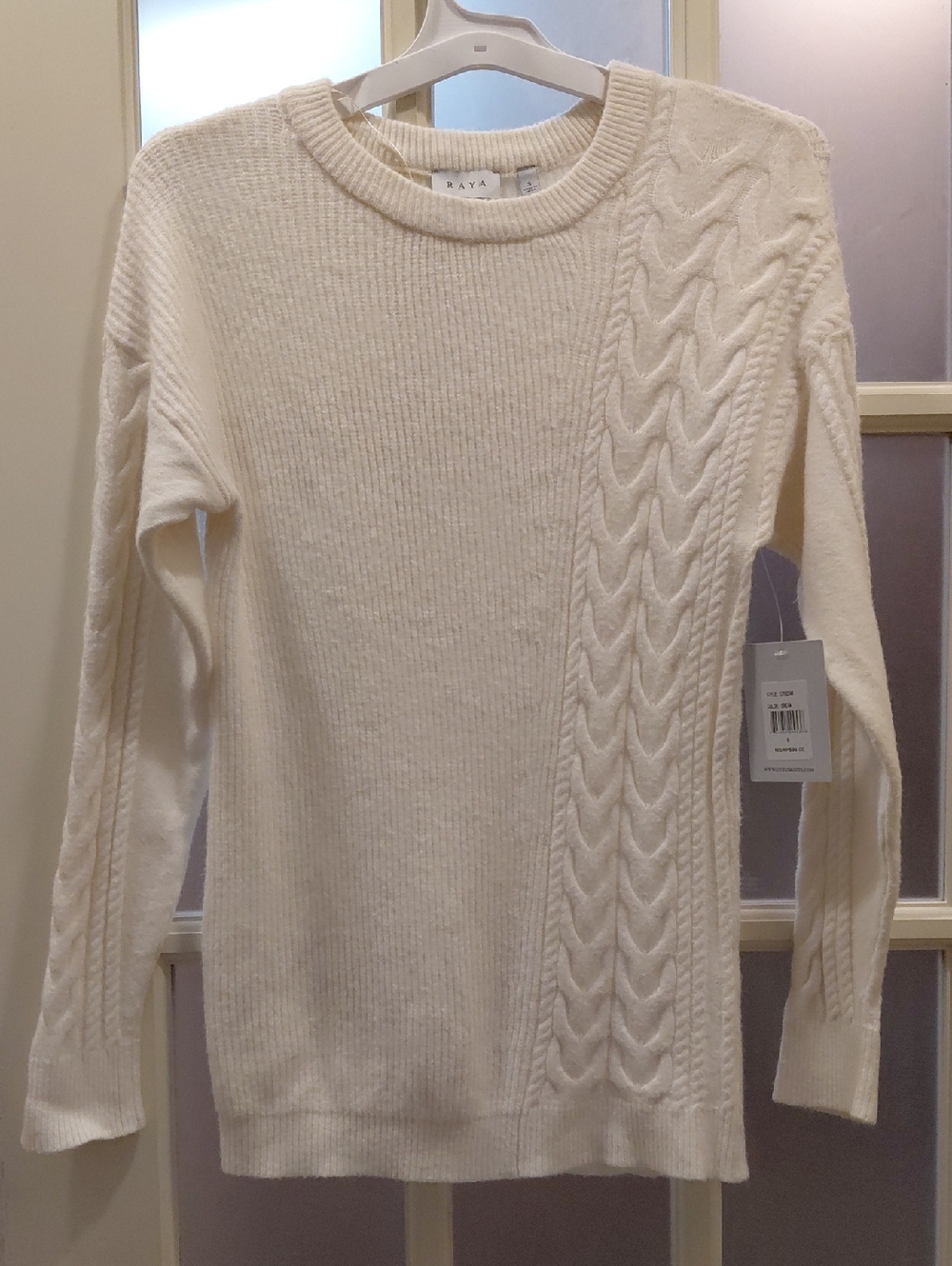"Raya" NWT Sz. S,Women's Cream Cable Knit-Detail Crewneck Sweater. Viscose,Poly.